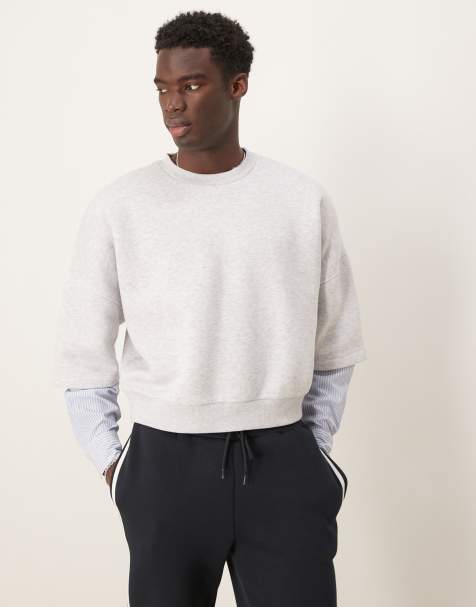 ASOS DESIGN oversized dropped shoulder cropped sweatshirt with shirt sleeves in grey marl - view 1