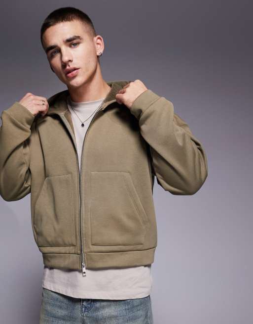 ASOS DESIGN oversized dropped shoulder cropped zip through hoodie with borg lining in khaki ASOS