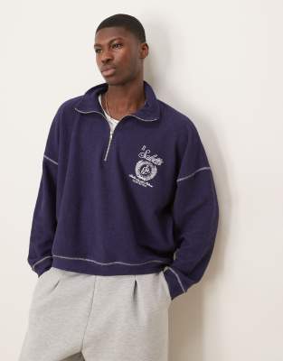 Asos Design Oversized Dropped Shoulder Funnel Neck Sweatshirt With Embroidery In Navy