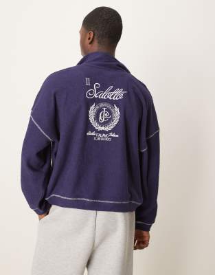 Asos Design Oversized Dropped Shoulder Funnel Neck Sweatshirt With Embroidery In Navy
