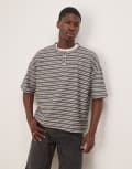 [ASOS DESIGN] ASOS DESIGN oversized dropped shoulder henley t-shirt in striped rib-Grey M GREY