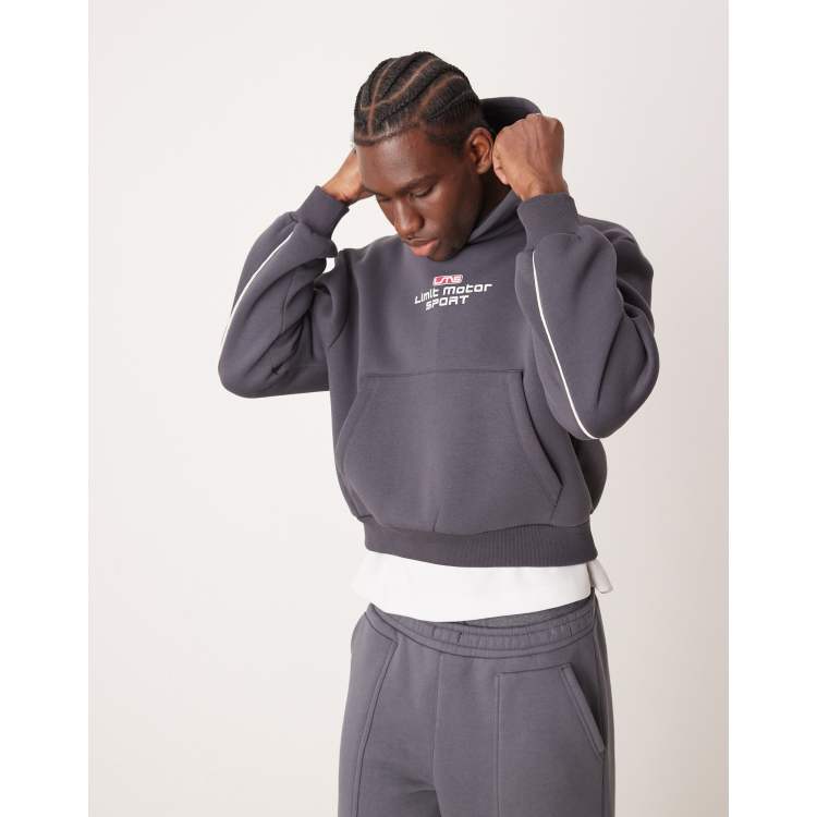 ASOS DESIGN oversized dropped shoulder hoodie with piping and print in charcoal ASOS