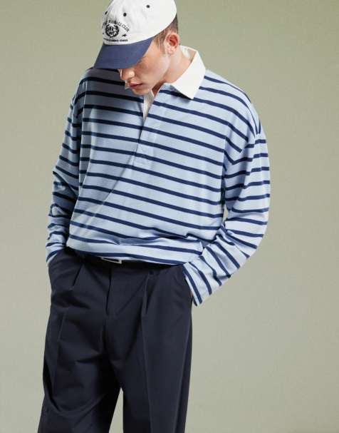 ASOS DESIGN oversized dropped shoulder long sleeve polo in black and blue stripe - view 1