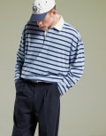 [ASOS DESIGN] ASOS DESIGN oversized dropped shoulder long sleeve polo in black and blue stripe-Multi XL MULTI