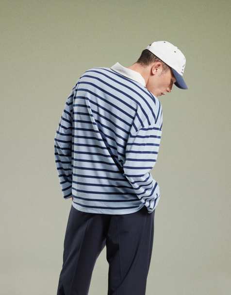 ASOS DESIGN oversized dropped shoulder long sleeve polo in black and blue stripe - view 1