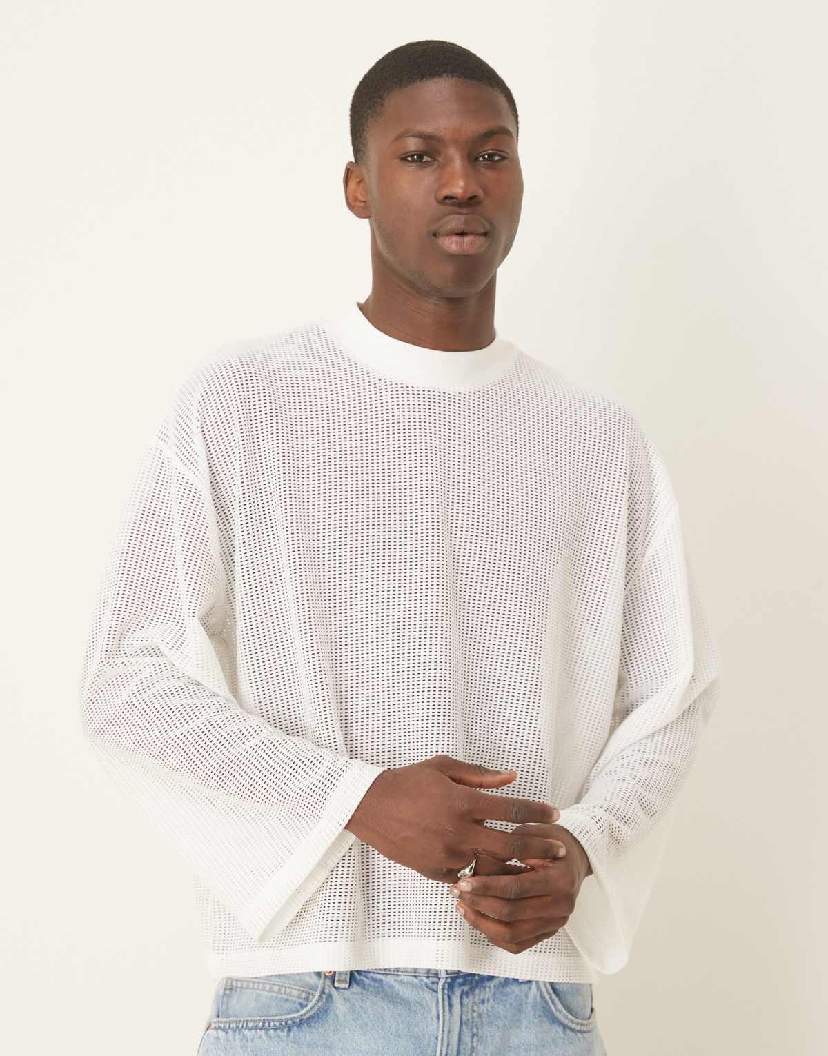 ASOS DESIGN oversized dropped shoulder long sleeve t-shirt in white mesh