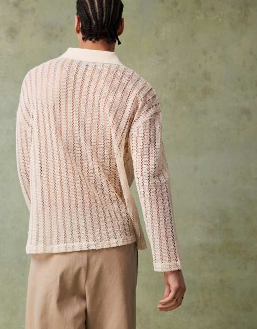 ASOS DESIGN oversized dropped shoulder polo in beige crochet