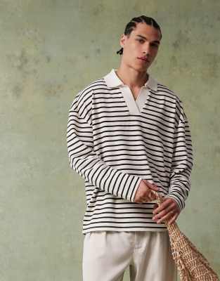 asos ASOS DESIGN oversized dropped shoulder polo in black and white textured stripe