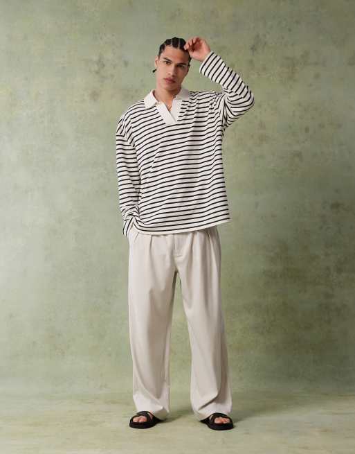 ASOS DESIGN oversized dropped shoulder polo in black and white textured stripe , 2 of 4