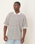 [ASOS DESIGN] ASOS DESIGN oversized dropped shoulder polo in blue and white textured stripe-Multi XL MULTI