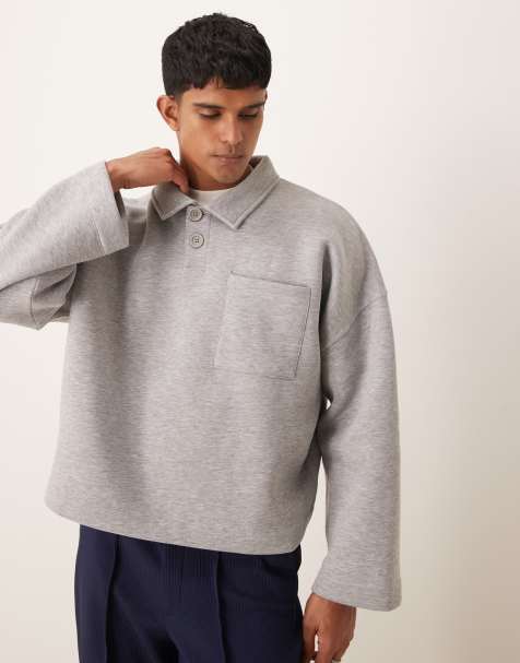 ASOS DESIGN oversized dropped shoulder polo sweatshirt in grey marl - view 1