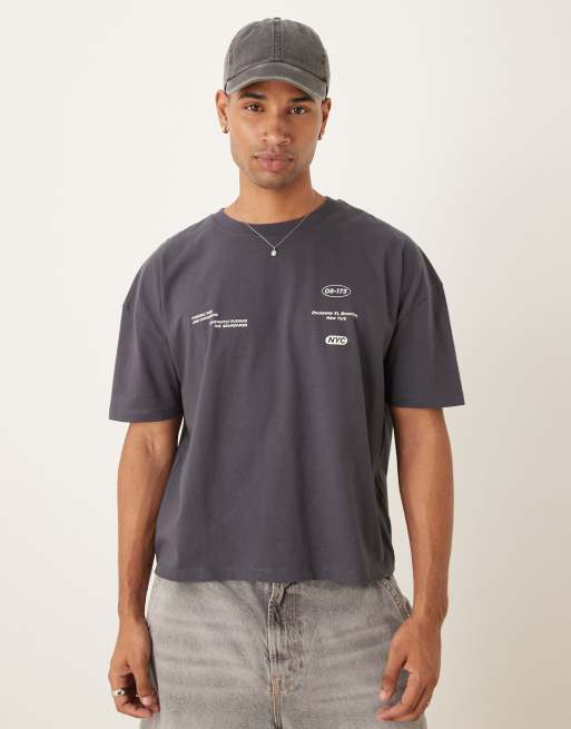 ASOS DESIGN oversized dropped shoulder T-shirt with back print in charcoal