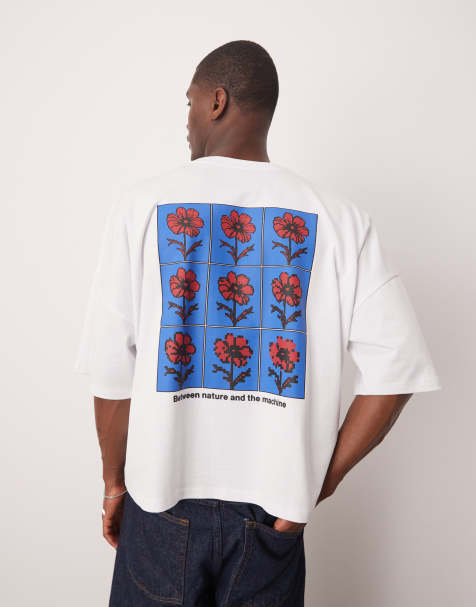 ASOS DESIGN oversized dropped shoulder t-shrit with floral back print in white