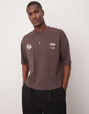 Asos Design Oversized Dropped Shoulder Tee With Print Detail In Brown
