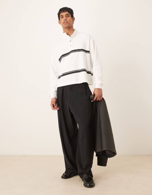 ASOS DESIGN oversized dropped shoulders boxy funnel neck lightweight rib knit sweatshirt with stripes in off white