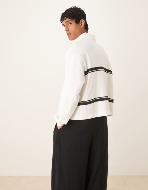 ASOS DESIGN oversized dropped shoulders boxy funnel neck lightweight rib knit sweatshirt with stripes in off white