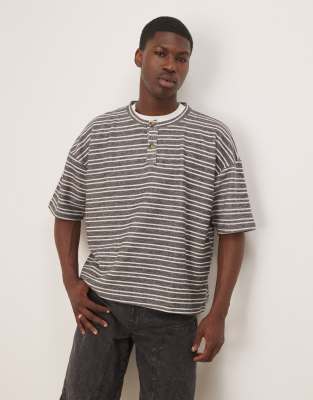 Asos Design Oversized Dropped Shoulders Henley T-shirt In Gray