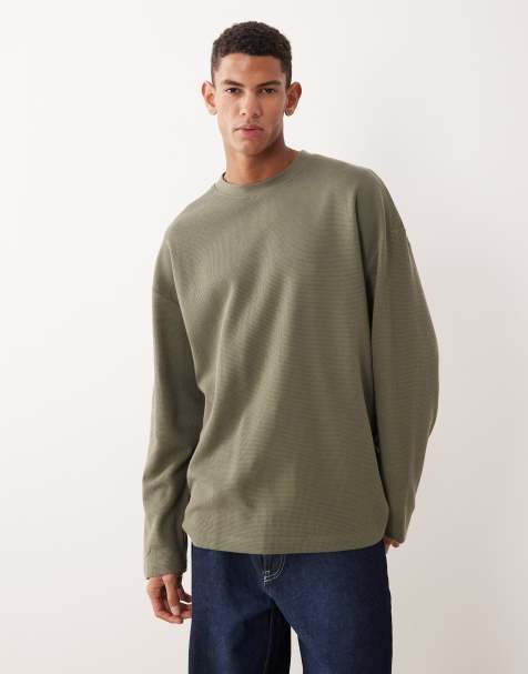 ASOS DESIGN oversized dropped shoulders long sleeve t-shirt in khaki-green waffle knit - view 1