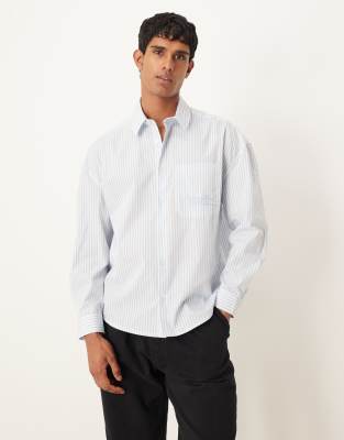 Asos Design Oversized Dropped Shoulders Shirt With Embroidery In Blue