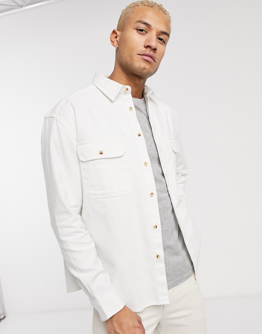 ASOS DESIGN oversized ecru denim shirt with double pockets in off white