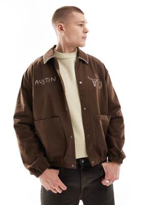 oversized embroidered harrington jacket in brown