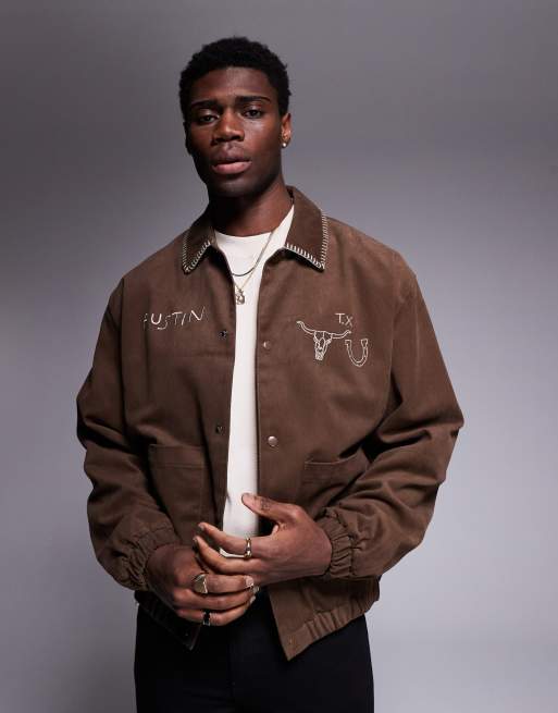 ASOS DESIGN oversized embroidered harrington jacket in brown