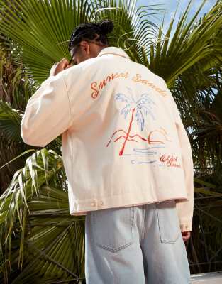 oversized embroidered harrington jacket in ecru-White