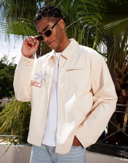 ASOS DESIGN oversized embroidered harrington jacket in ecru