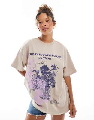Asos Design Oversized Embroidered T-shirt With Flower Market Graphic-brown