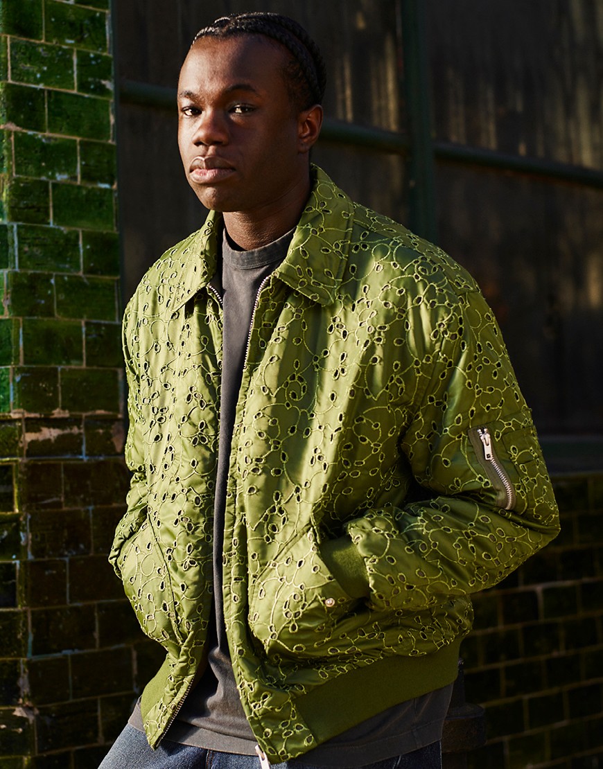 ASOS DESIGN oversized embroidery bomber jacket in khaki-Green