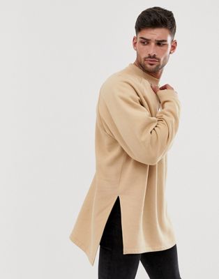 ASOS DESIGN - Oversized extra lang sweatshirt met zijsplit en verlaagde zoom in beige