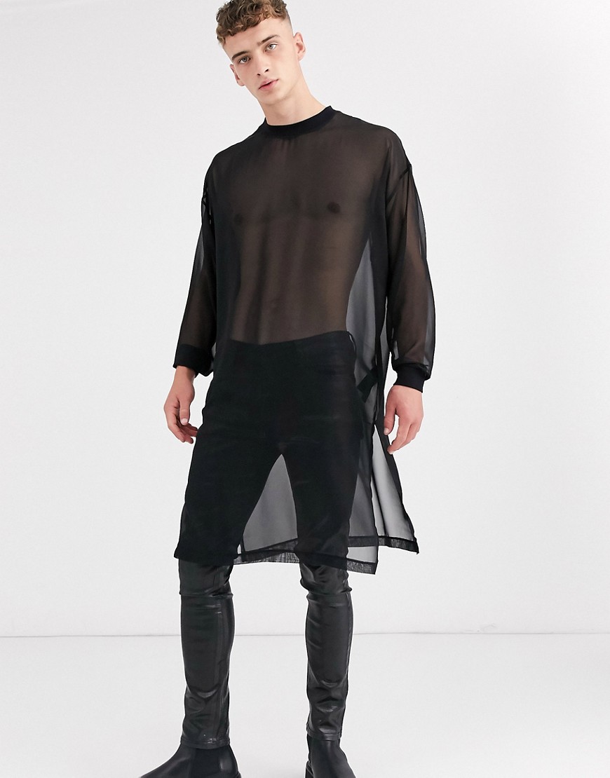 ASOS DESIGN oversized extreme longline long sleeve t-shirt with side splits in woven fabric-Black