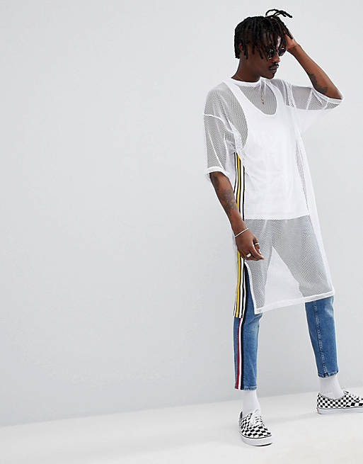 ASOS DESIGN oversized extreme longline t-shirt in loose mesh with taping in white