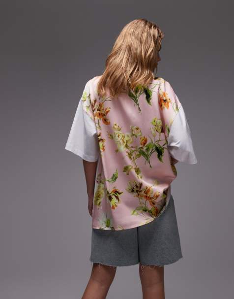 ASOS DESIGN oversized fabric mix T-shirt in white with floral print - view 1