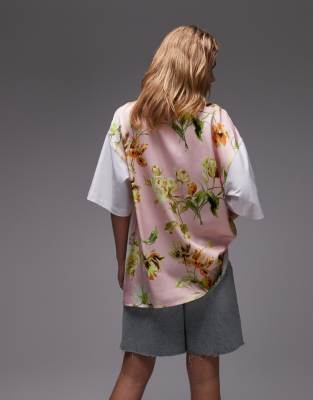 ASOS DESIGN oversized fabrix mix t shirt in white with floral print | ASOS