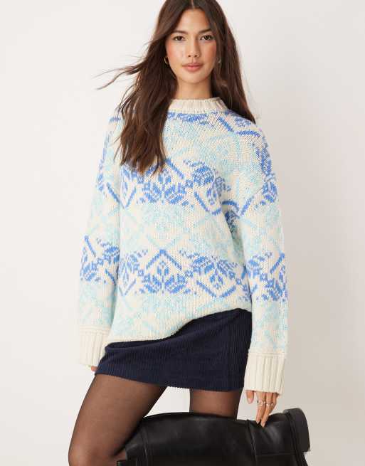 ASOS DESIGN oversized fairisle jumper with grown on neck in blue and cream, 2 of 4