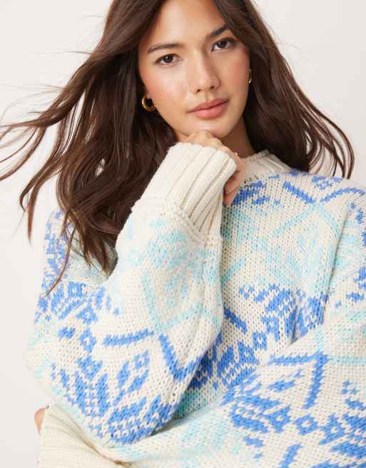 ASOS DESIGN oversized fairisle jumper with grown on neck in blue and cream, 3 of 4