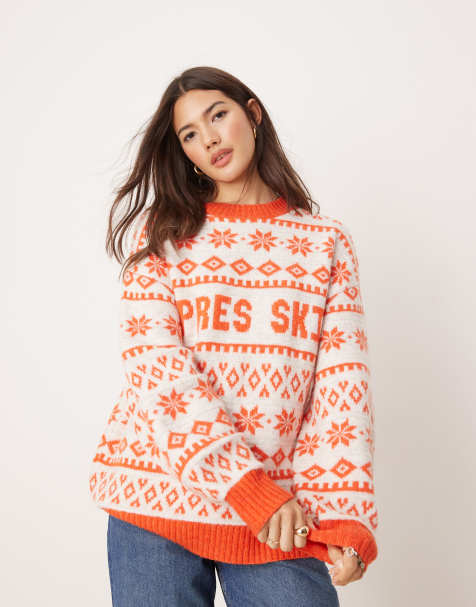 ASOS DESIGN - Oversized Fairisle trui met ronde hals en Apres Ski-print in rood - view 1