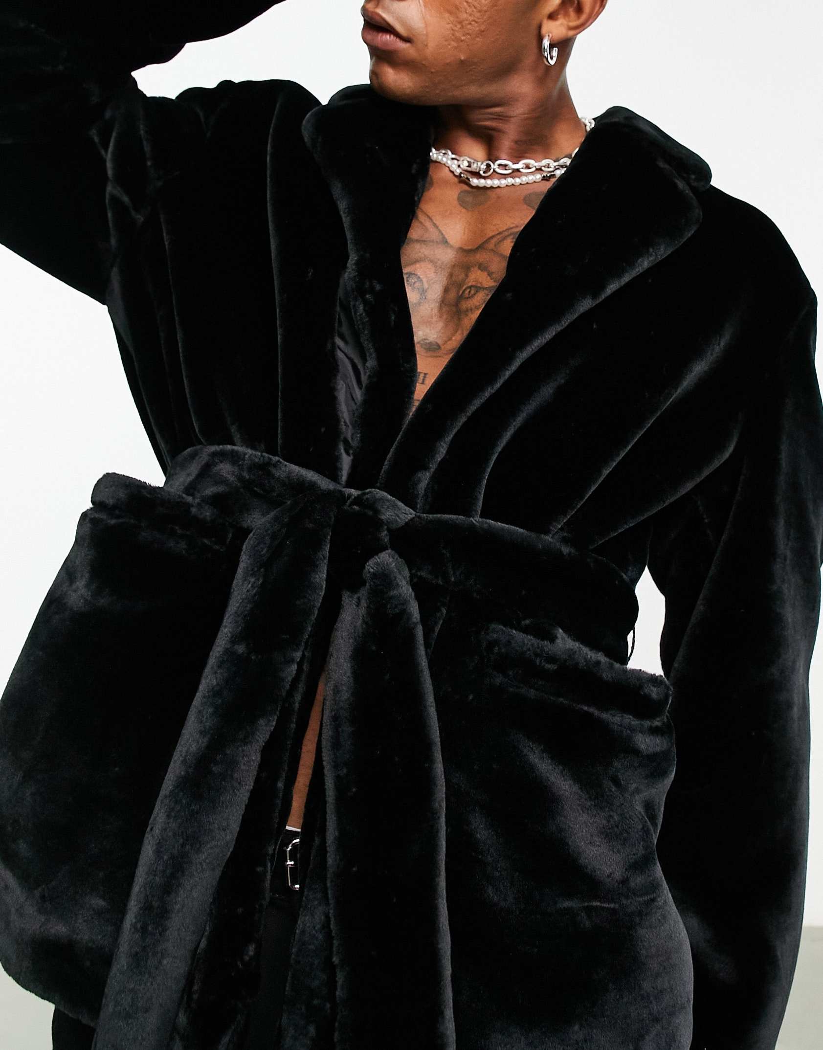 ASOS DESIGN oversized faux fur belted blazer in black -  Price Checker