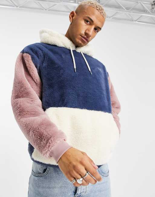 ASOS DESIGN oversized faux fur colorblock hoodie in blue pink and cream