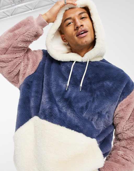 ASOS DESIGN oversized faux fur colorblock hoodie in blue pink and cream