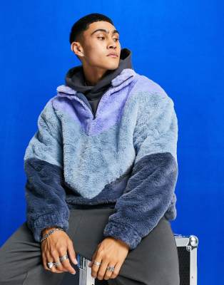 ASOS DESIGN oversized faux fur half zip sweatshirt in chevron color block blues lilac ASOS