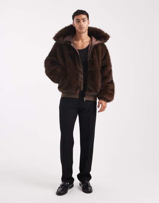ASOS DESIGN oversized faux fur hooded jacket in brown