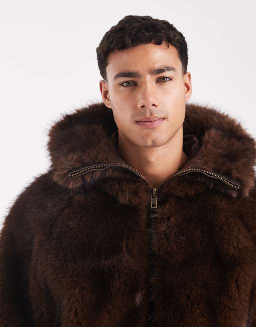 ASOS DESIGN oversized faux fur hooded jacket in brown