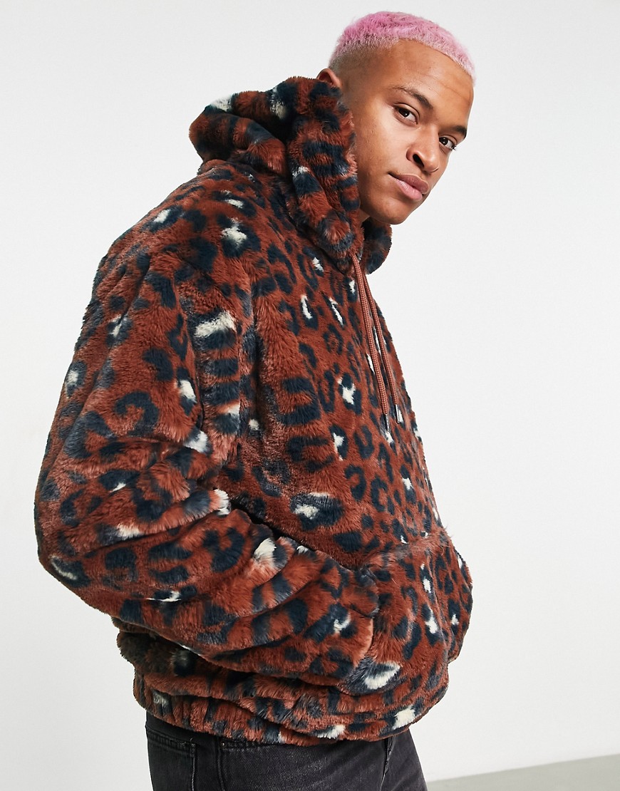 ASOS DESIGN oversized faux fur hoodie in all-over leopard print-Multi