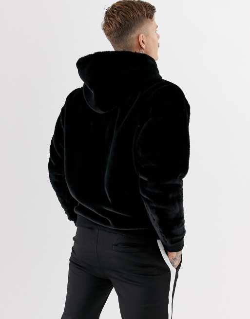 Black fur zip up hoodie sale