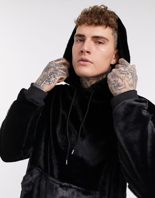 ASOS DESIGN oversized hoodie in black faux fur