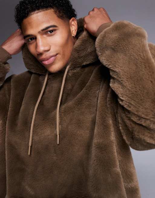 ASOS DESIGN oversized faux fur hoodie in brown