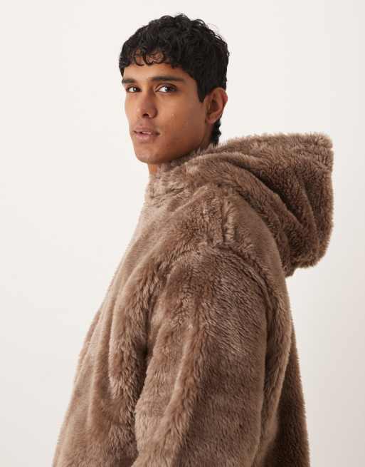 ASOS DESIGN oversized faux fur hoodie in brown