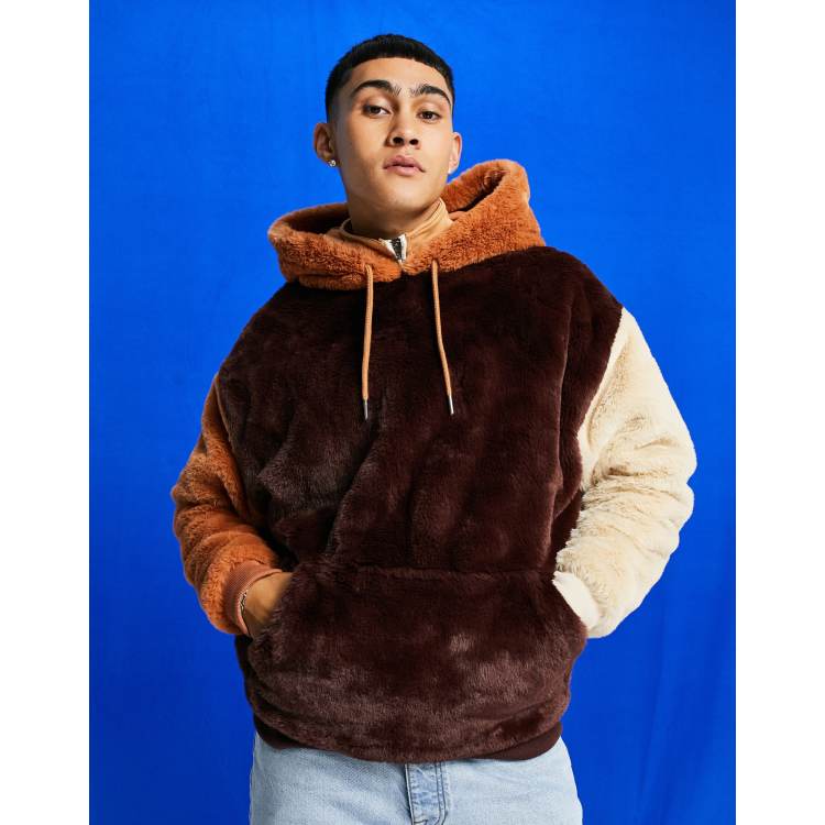 ASOS DESIGN oversized faux fur hoodie in color block browns | ASOS